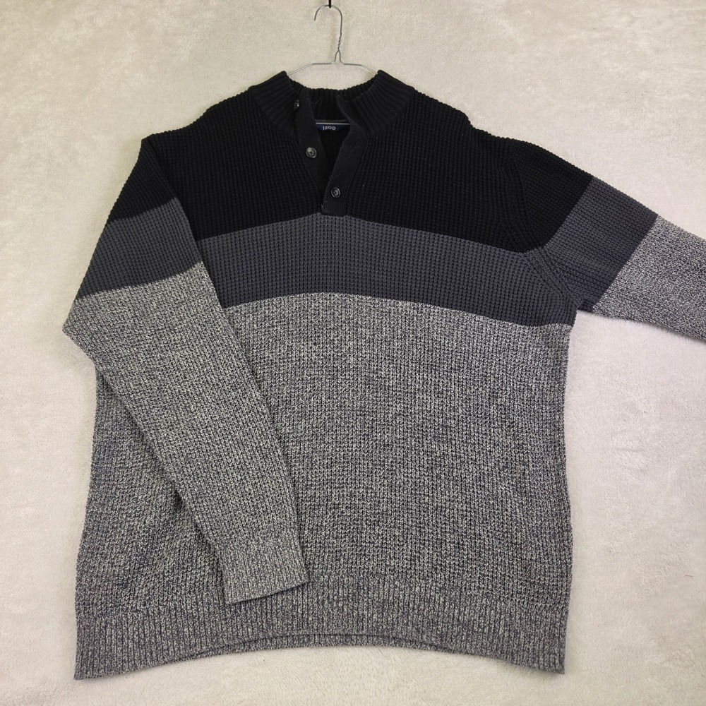 Izod Mens XXL Mock Neck Button Sweater Colorblock Grey Black Waffle Knit 4831